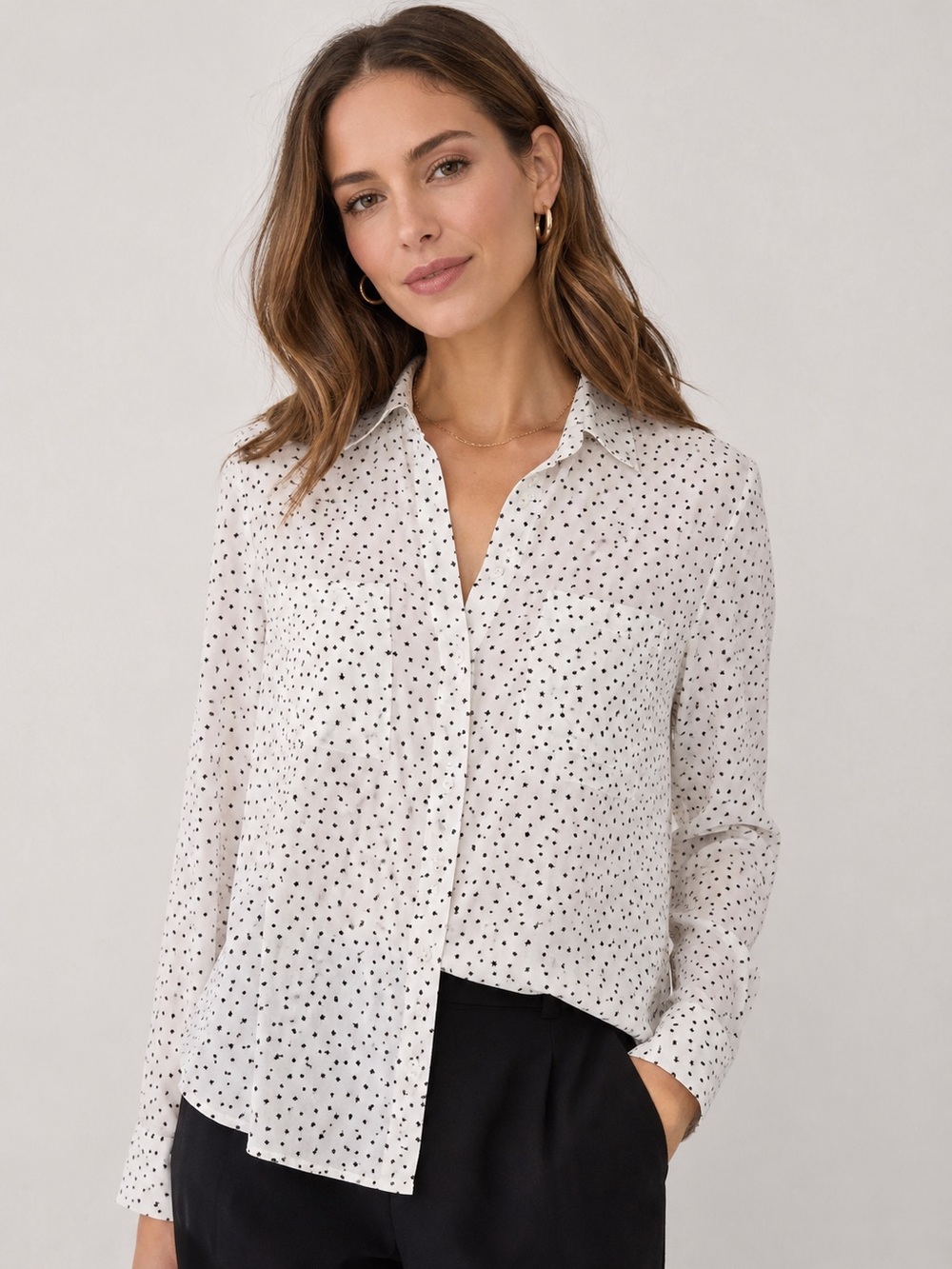 Express The Portofino Shirt White Black Star Print Button Down Blouse